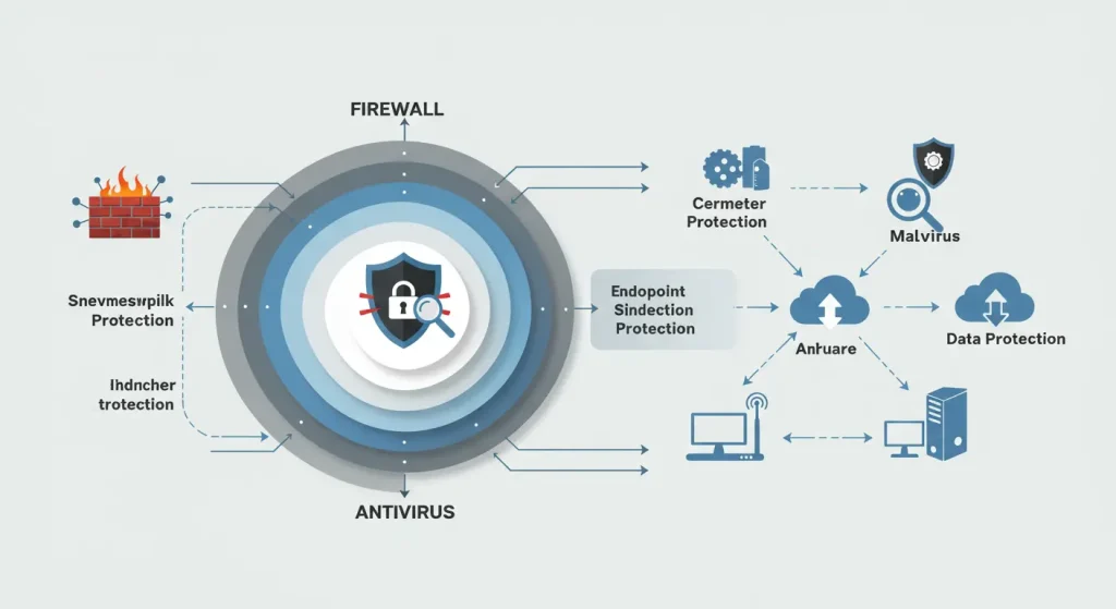 Firewall vs antivirus software layered security diagram for SMEs