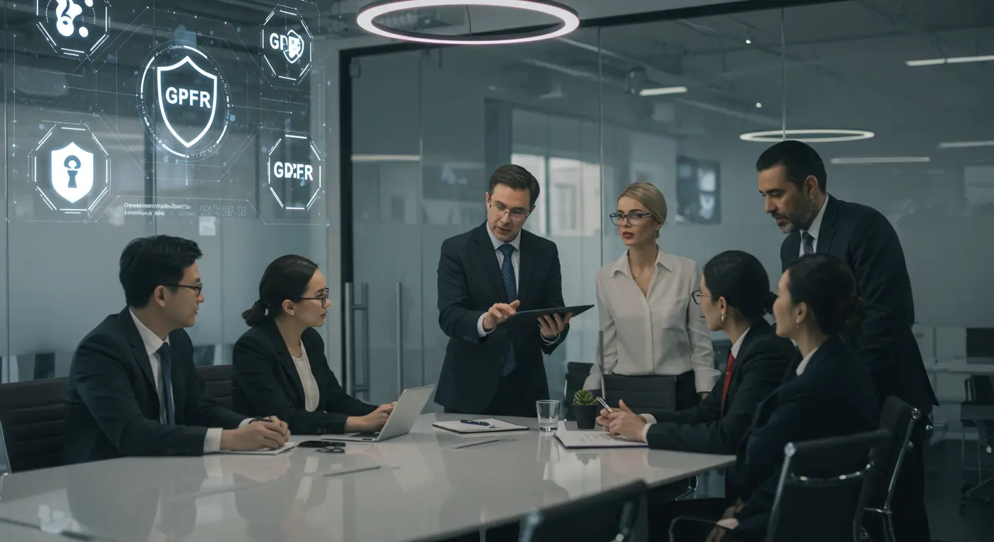 Business professionals in a consultation meeting with a data protection advisor