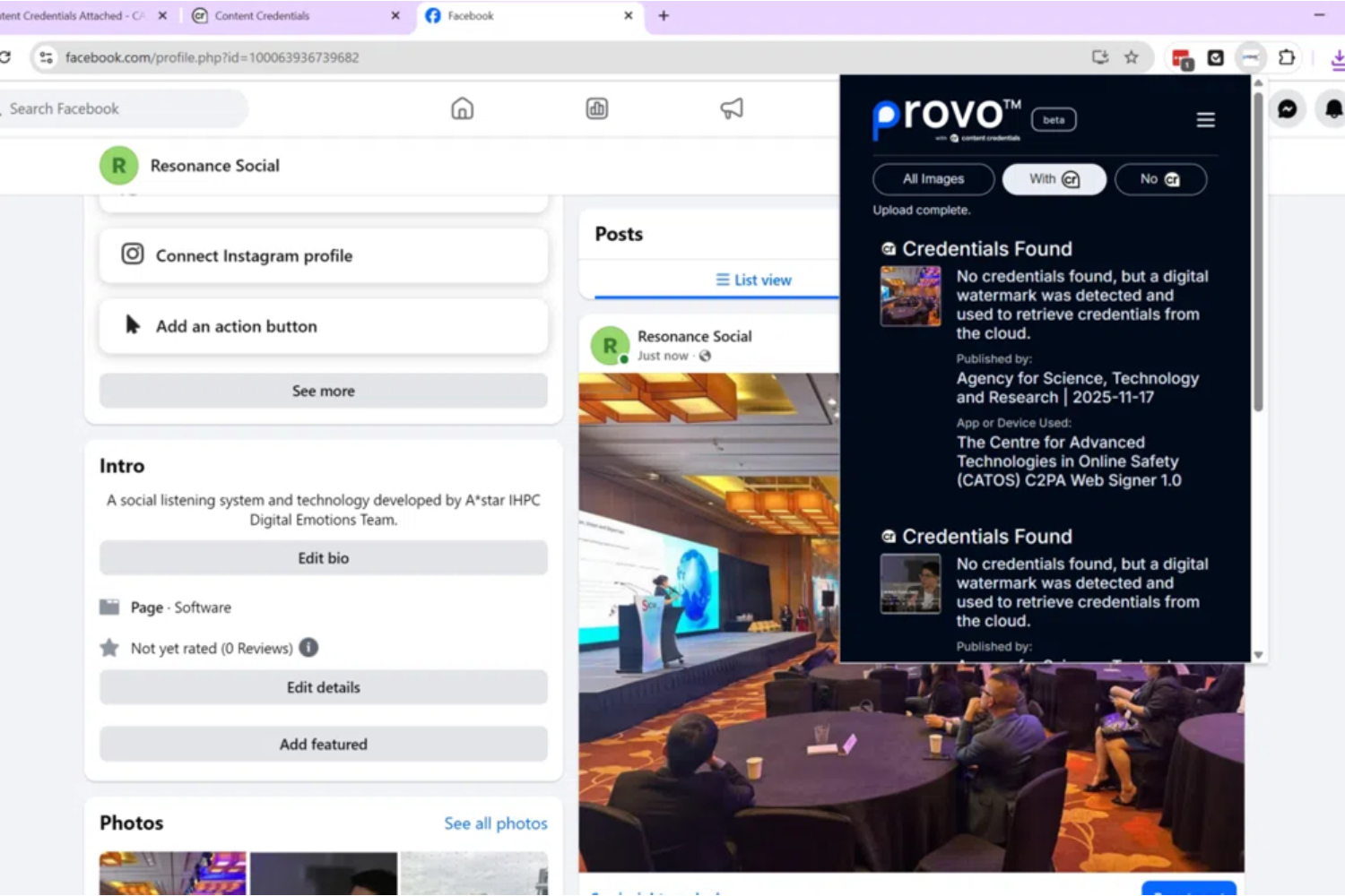 Provo browser extension showing content credentials found on a social media image