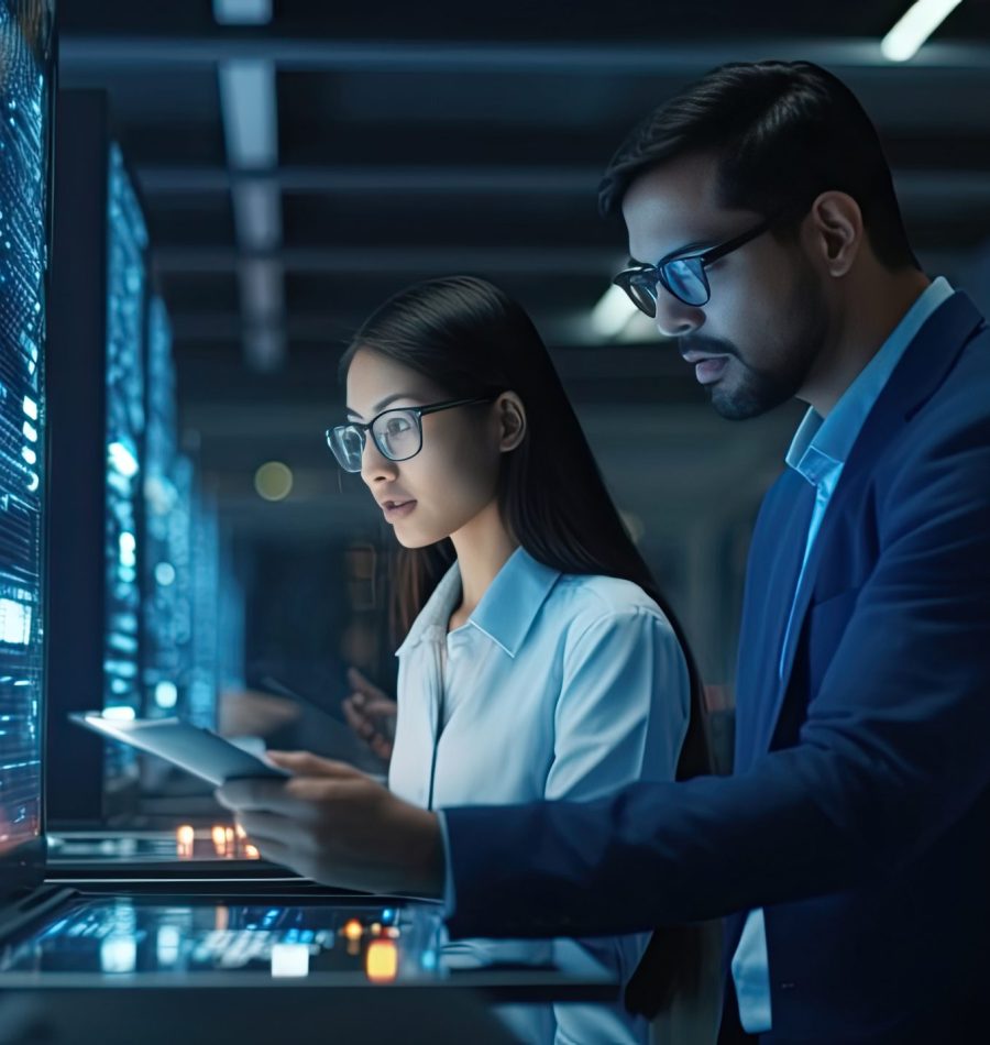 Data Center Female System Administrator and Male IT Specialist talk, Use Laptop in Cloud Computing Server Farm. Generative Ai